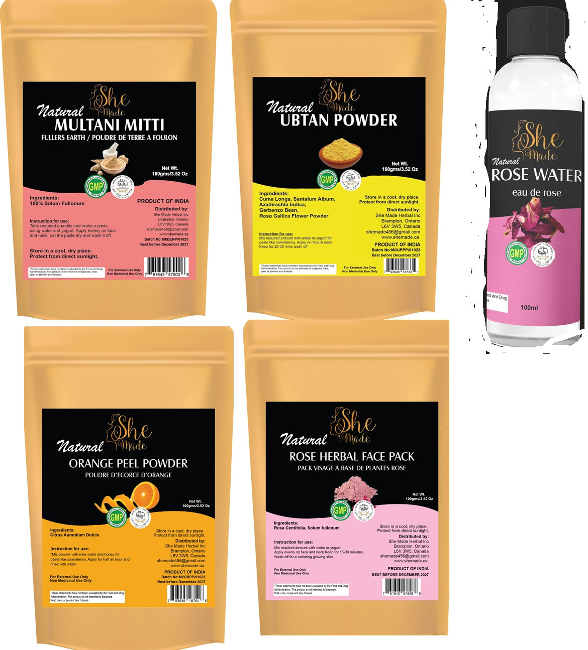 Skincare Combo Multani Mitti,Rose herbal face pack,Ubtan,Orange peel Rose water