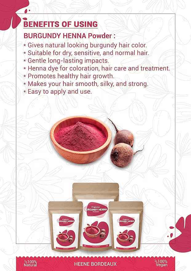 Pure Natural Burgundy Heena Powder for Hair Color
