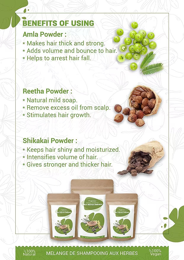 Natural Herbal Shampoo, Natural Ingredients - Amla Reetha Shikakai Mix for Soft, Shiny, Healthy-Looking Hair with Resealable Bag
